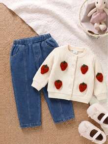 Baby Girl 3D Strawberry Knit Cardigan Denim Set, Spring/Autumn New Style, Versatile Ribbed Long Sleeve Top And Loose Casual Straight Leg Jeans - Apricot - View 1