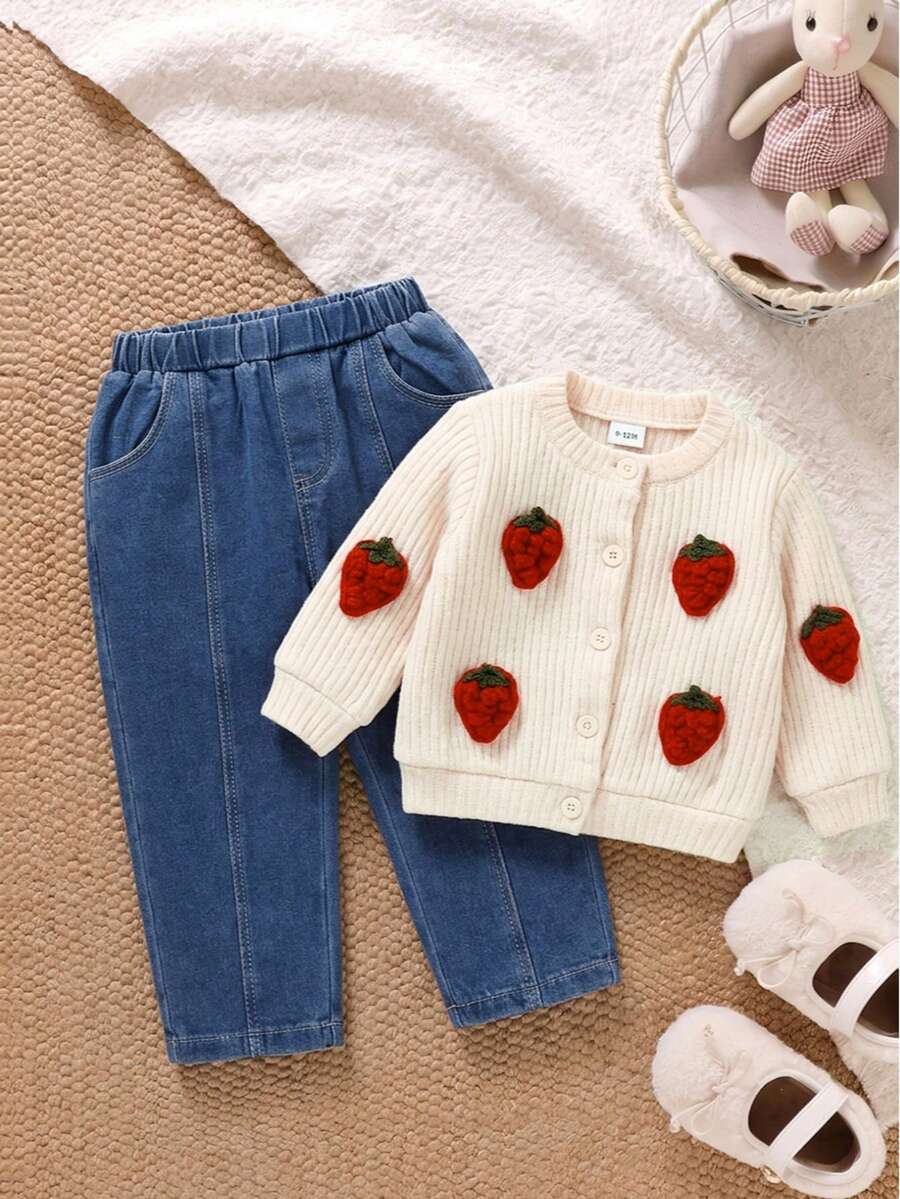 Baby Girl 3D Strawberry Knit Cardigan Denim Set, Spring/Autumn New Style, Versatile Ribbed Long Sleeve Top And Loose Casual Straight Leg Jeans - Apricot - View 1
