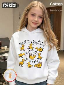 Autumn Girls Yellow Duck Print Hoodie Long Sleeve Casual Pullover Y2K - White - View 1