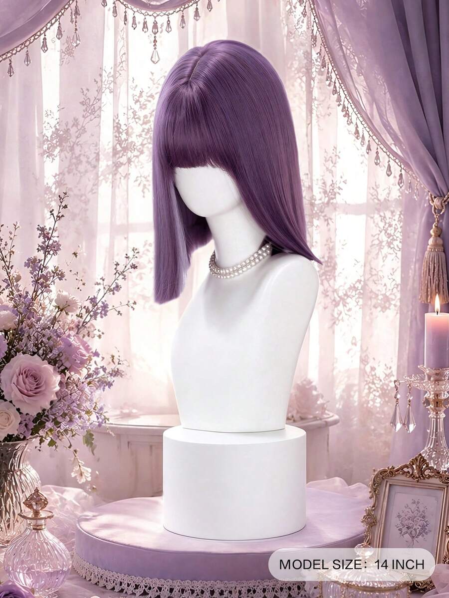 alicegarden 14-Inch Long Synthetic Short Bob Wig Featuring A Natural Straight Style A Stunning Purple. Designed With Bangs , This False Hairpiece Is Perfect For Ms Daily Party Cosplay Use, Offering A Natural And Natural Durable Wig Gift For Ladies., Halloween - Purple - View 1
