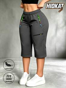 Hidkat Women's Summer Casual Sports Capri Pants With Zipper Pockets And Elastic Drawstring, Outdoor Leisure - Grey - View 3
