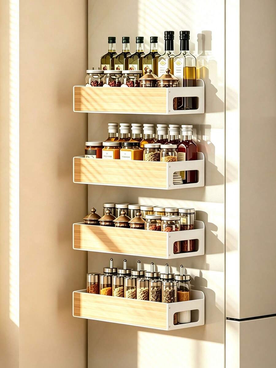 Magnetic No-Drill Refrigerator Storage Rack, Wall-Mounted Vertical Spice Rack, Strong Magnetic Easy Installation, Space-Saving Kitchen Storage Rack, Practical Home Accessory, Used For Storing Seasonings And Organizing Kitchen Countertop Space - White - View 1