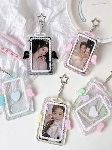 New Minimalist Design Girl Heart Transparent Angel Polka Dot 3-Inch Card Holder, Idol Photo Card Storage Pendant With Wavy Lace Bow, Fan Card Protective Sleeve Keychain, INS Style Angel Wings Acrylic Hard Card Holder, 3-Inch Small Card Film Card Sleeve, Student Pendant Cover - Multicolor - View 2