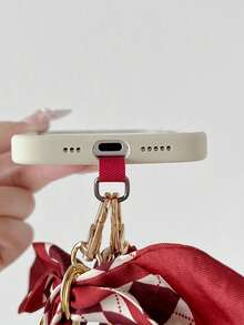 1pc Small Woven Silk Scarf Phone Lanyard Wrist Strap Short Metal Phone Chain Keychain Pendant Camera Charm - Multicolor - View 7