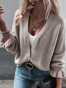 Women's Fall Winter Oatmeal Deep V-Neck Ruffled Cuff Open Front Knit Cardigan, Loose Fit Long Sleeve Casual Layering Outerwear Daily Office Commute - Grey - View 2