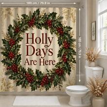 1pc/4pcs Christmas Vintage Holly Wreath Multi-Functional Bathroom Decor Shower Curtain Set, Free 12 Hooks, Premium Holiday Atmosphere, Bathroom Mat, U-Shaped Rug And Round Toilet Lid Cover, Suitable For All Christmas Scenes Decoration - Holly Wreath - View 13