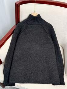 Wixra Korean Style Loose Knit Cardigan, Stand Collar Raglan Sleeve, Double Zipper Top, Solid Color Preppy Style - Dark Grey - View 6