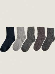 5 Pairs Men's Solid Color Vintage Style Thick Mid-Calf Socks, Unisex Size 3.5-4.3 - Beige - View 6