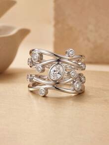 1pc Silver Multi-Layer Wavy Ring With Oval Zirconia And Geometric Lines, Fashion Jewelry, Suitable For Women's Wedding Party Wear Or Holiday Gift - Silver - View 1