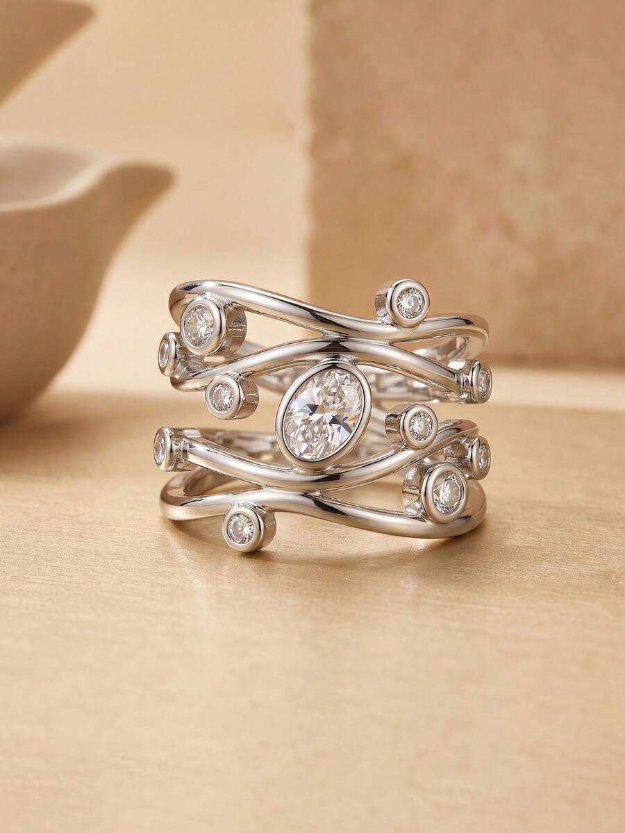 1pc Silver Multi-Layer Wavy Ring With Oval Zirconia And Geometric Lines, Fashion Jewelry, Suitable For Women's Wedding Party Wear Or Holiday Gift - Silver - View 1