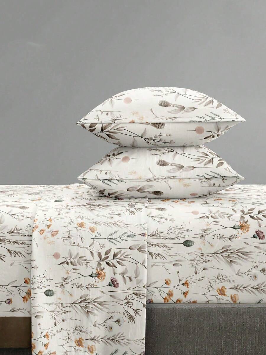 4-Piece Garden Leaf Branch Floral Pattern Bedding Set, Easy-Care Soft Bedding Set, Fitted Sheet Set (1 Flat Sheet + 1 Fitted Sheet + 2 Pillowcases), Fitted Sheet Set, Suitable For King, Queen, Full, Twin Sizes, Deep Pocket Fitted Sheet Design, Pillowcases Up To 11.8 Inches, Soft And Breathable, Wrinkle-Resistant - Multicolor - View 1