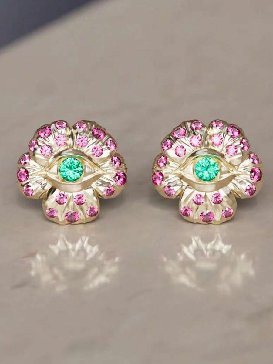 1 par de pendientes de botón redondos geométricos con flor rosa chapados en oro de 14K, accesorio de joyería hipoalergénico para mujer, regalo para fiesta - Verde amarillento - Ver 1