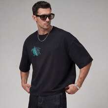 1 Piece Men's Short Sleeve Oversized Fit T-Shirt, Green Sea Turtle Graphic Print, Casual Summer Streetwear, Cotton Blend Breathable Fabric. - Black - View 6