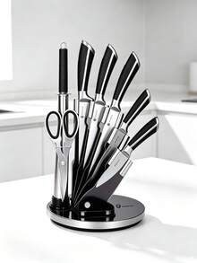 1 Pc Rotating Knife Block, Equipped With Kitchen Scissors And Sharpening Rod, Ergonomic Non‑Slip Handles, Rotatable Base For Neat Storage, Suitable For Chopping Vegetables, Cutting Meat And Processing All Kinds Of Ingredients In Household Kitchen - Multicolor - View 6
