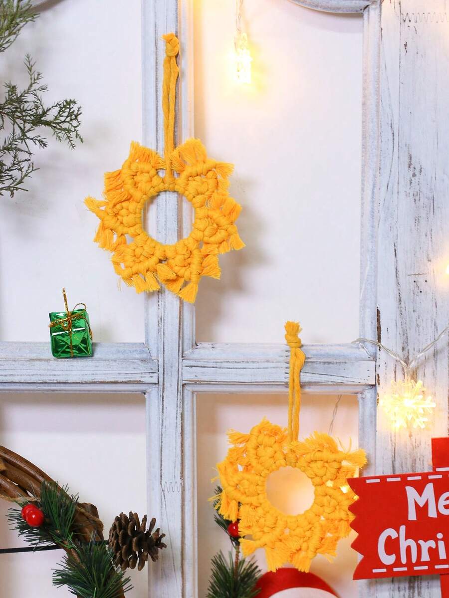 1pc Christmas Yellow Woven Snowflake Hanging Ornament Boho Circular Floral Star Design With Fringe Edges Festive Tree Pendant For Christmas Tree Mantel Window Wall Holiday Party Seasonal Home Decor - Style 3 - View 1