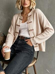 SEREN Women's New Chinese-Style Knit Cardigan, Napoleon Style, Autumn/Winter Sweater Jacket, Suitable For Daily Wear - Apricot - View 5