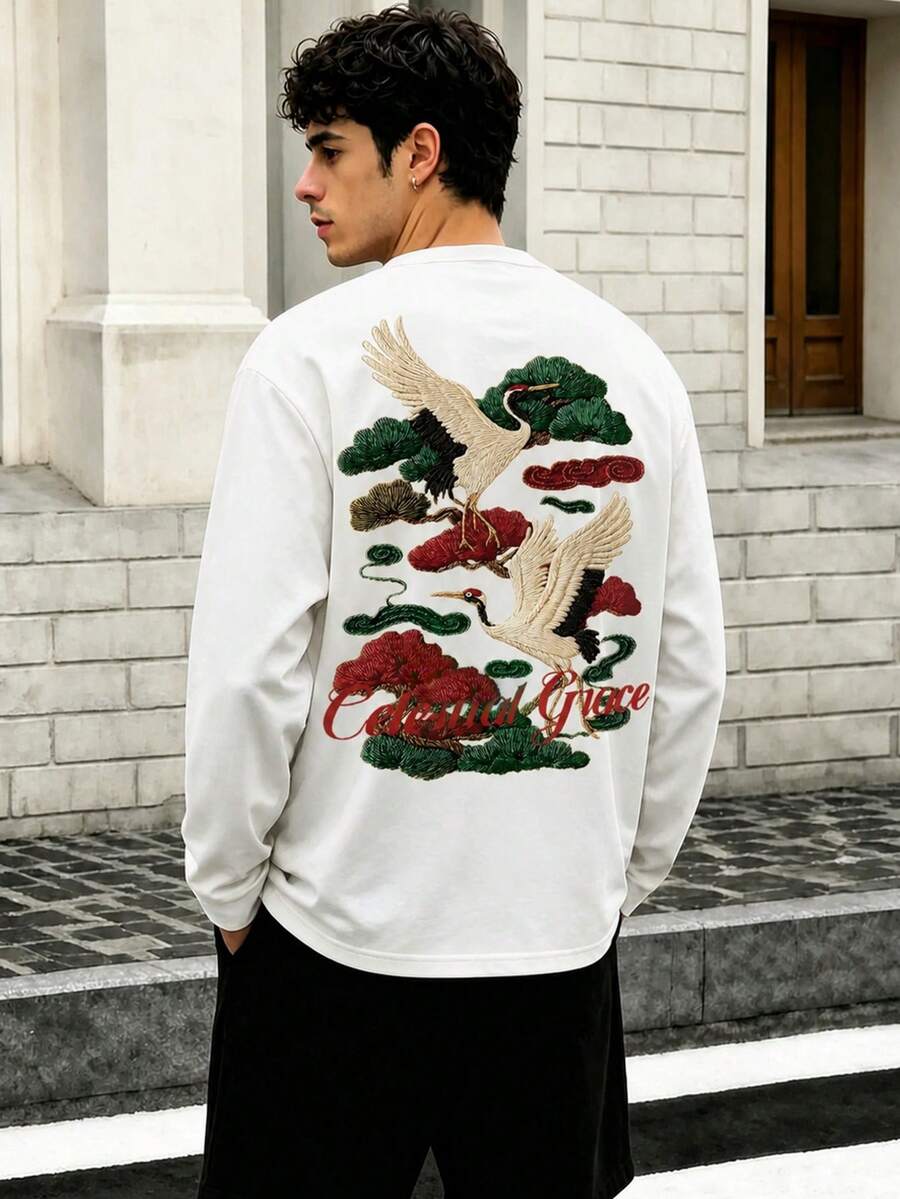 New Chinese Style Crane Pine Tree & Auspicious Cloud Print Long Sleeve T-Shirt, Soft Skin-Friendly Oversize Relaxed Streetwear Commuter Outerwear Base Layer Tee For Men - White - View 1