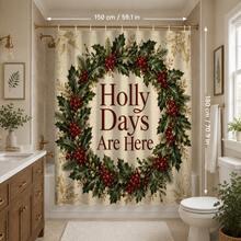 1pc/4pcs Christmas Vintage Holly Wreath Multi-Functional Bathroom Decor Shower Curtain Set, Free 12 Hooks, Premium Holiday Atmosphere, Bathroom Mat, U-Shaped Rug And Round Toilet Lid Cover, Suitable For All Christmas Scenes Decoration - Holly Wreath - View 12
