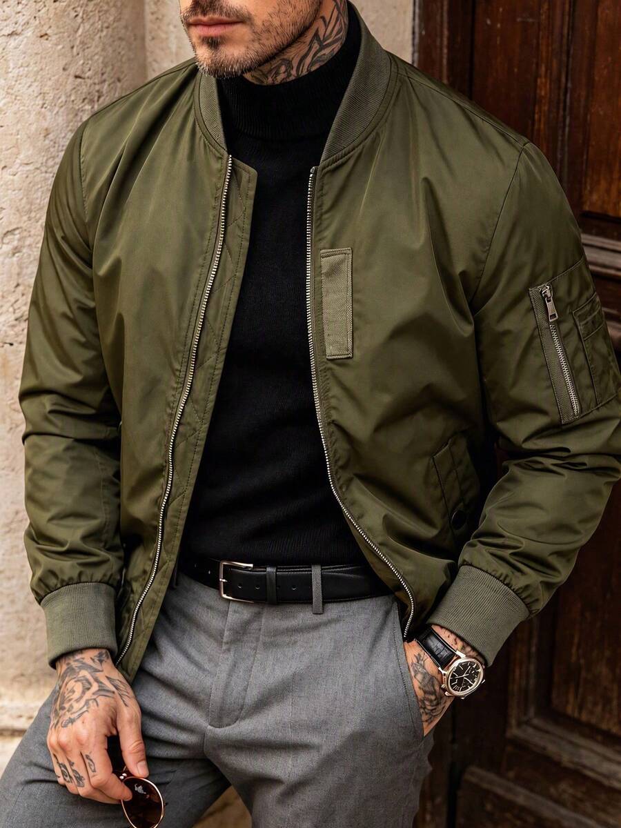Men's Spring/Autumn Solid Color Thin Baseball Collar Casual Vintage New Flight Jacket - Army Green - View 1
