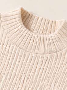 Baby Girl Autumn/Winter 3 Pieces Set: Plush Vest, Satin Bow Fur Vest, Semi-High Neck Base Layer Top, Pleated Skirt - Khaki - View 5
