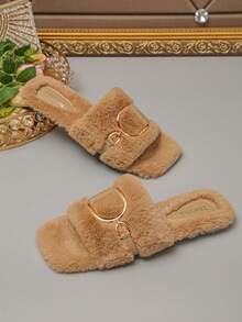 Women's Plus Size 35-43 Fashion Casual Apricot Square Toe Faux Fur Slippers, Daily Outdoor Metal D-Ring Decor Open Toe Plush Slip-On, Lightweight Comfortable Flat Non-Slip Warm Indoor Outdoor Versatile - Apricot Plush - Large D Letter Metal Buckle - View 7