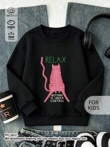 Tween Girl Funny Pink Cat Letter Graphic Crew Neck Sweatshirt, Soft Cotton Long Sleeve Basic Pullover Top - Black - View 1