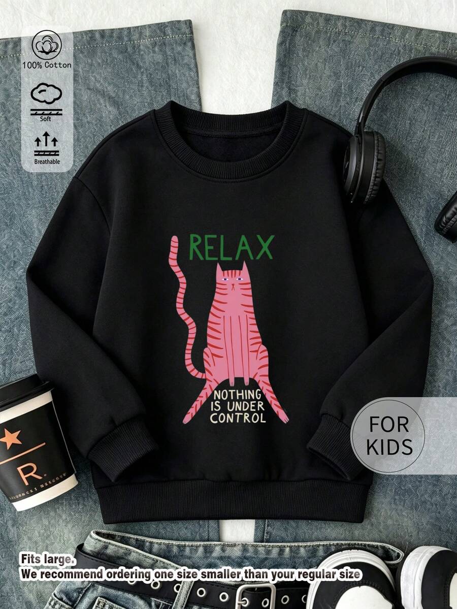 Tween Girl Funny Pink Cat Letter Graphic Crew Neck Sweatshirt, Soft Cotton Long Sleeve Basic Pullover Top - Black - View 1