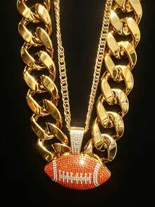 2pcs/Set Football Colorful Hip Hop Punk Necklace Exaggerated Men's Big Gold Chain Set, Vintage Punk Style, Suitable For Party, Gathering, Halloween, COS - Gold - View 3