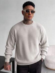 Men's Autumn/Winter Basic Solid Color Casual Fitted Lightweight Sheer Polyester Pique Texture Niche Design Long Sleeve Drop Shoulder Crew Neck Pullover Sweater - Beige - View 2
