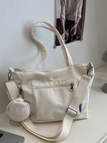 Fashionable New Women's Tote Bag, Solid Color Minimalist School Bag, Large Capacity Homework Bag, Suitable For Work And Class, Versatile And Exquisite - Beige - View 9