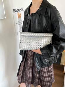 純色 PU 皮革輕量大容量翻蓋磁扣小方包，多功能派對與晚餐包，適合女性 - 銀色 - 查看 7