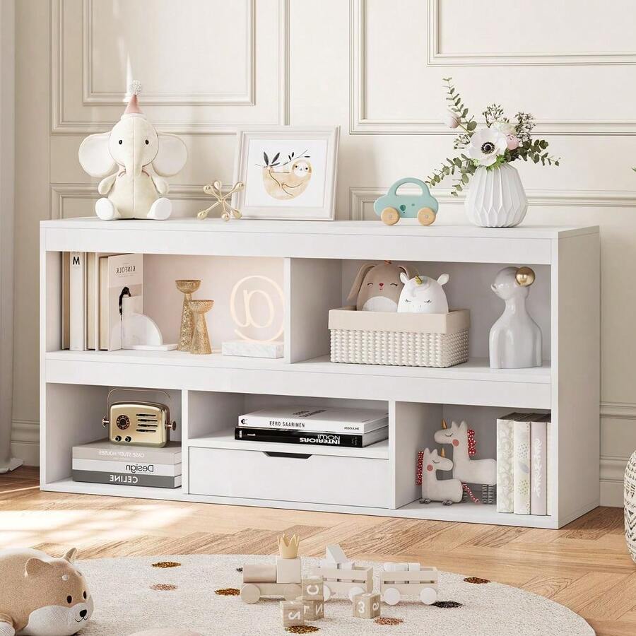 Wooden Storage Bookcase, 5 Cubbies With Drawer, Toy Organizer, Shelf For Playroom, Nursery - Weiß 1 Remis - Übersicht 1