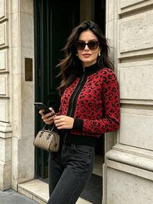 Women's Contrast Leopard Print Mock Neck Zip Long Sleeve Fall/Winter Fashion Versatile Knit Cardigan – Retro Street Sweater Coat - Red - View 10