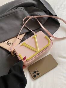 SHIMEINI Solid Color PU Square Bag, Metal Letter Hardware Decor, Fashionable Crossbody Bag, Stylish Women's Shoulder Bag - Pink - View 7