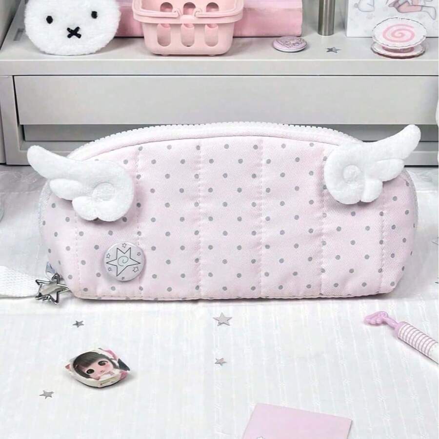 1pc Cute Pink Polka Dot Pencil Case With Small Wing Decoration, Desktop ...