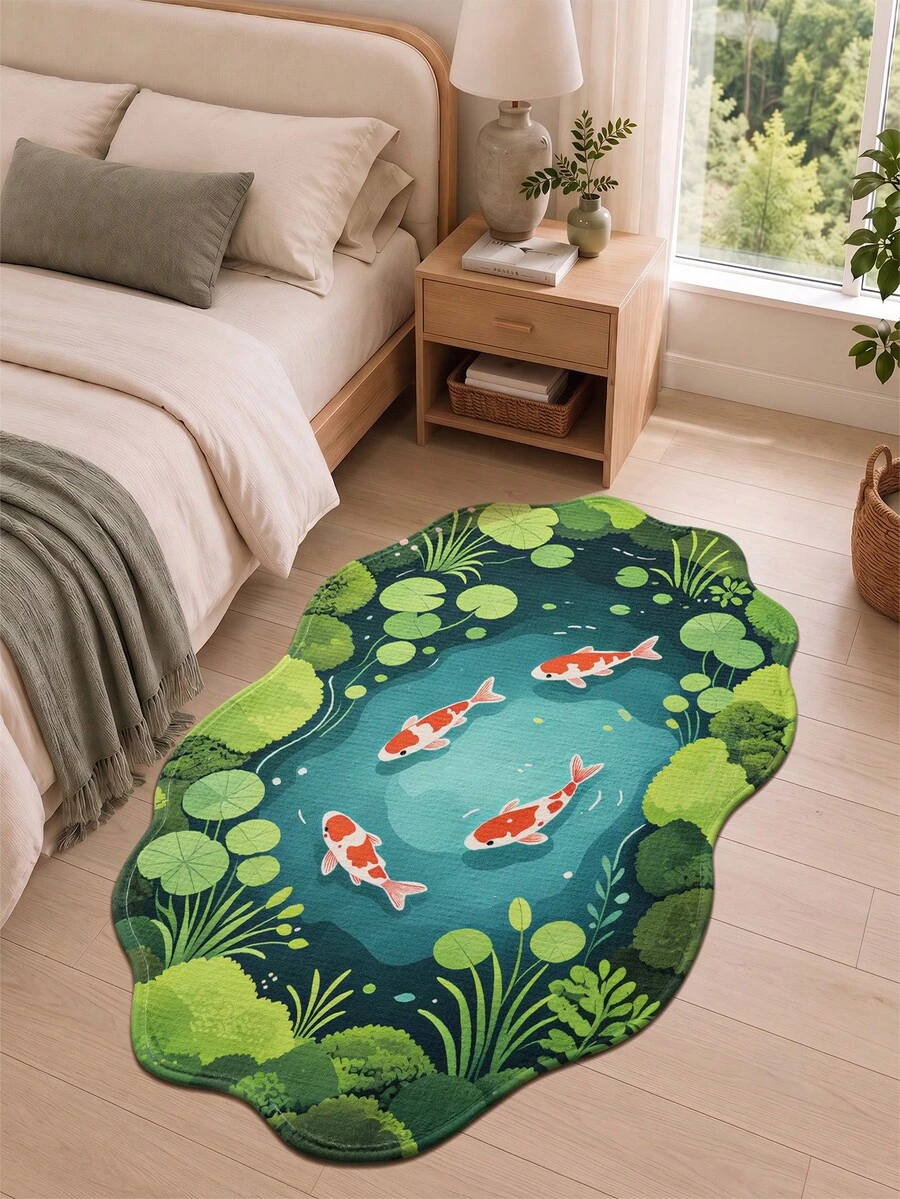 DAJIANG 1pc Lotus & Koi Fish Modern Carpet, Kitchen Rug, Hallway Rug, Bathroom Rug, Indoor/Outdoor Bedroom Hallway Living Room Bedside Floor Mat, Machine Washable Easy Clean Non-Slip Backing, Bathroom Autumn Decor Holiday Rug