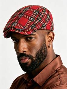 1pc Vintage Red Plaid Beret Hat For Men, British Newsboy Cap, Retro Casual Flat Cap - Red - View 5