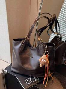 New Fashion Solid Color PU Leather Women's Shoulder Bag, Retro Handbag With Buckle And Zipper, Large Capacity Tote Bag, Suitable For Travel, Shopping - Coffee Brown - View 5