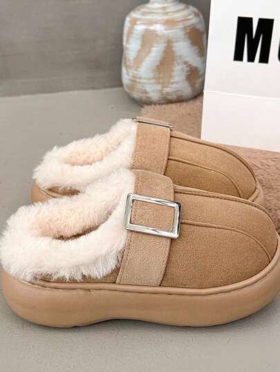Women's Metal Square Buckle Thick Sole Closed Toe Fuzzy Slippers, Autumn/Winter Outdoor Wear, Thermal Lined Warm, Backless, Slippers, Non-Slip Platform Sole