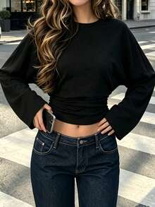 ATTRACO Y2K Women's Black Basic Long Sleeve Shirt, Casual Top, Suitable For Autumn Halloween Concerts And Back To School Outfits - Black - View 4
