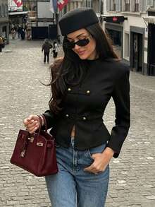 Women's Black Woven Long Sleeve Shacket, Round Neck, Zipper And Faux Button Design, Regular Fit Autumn Top - Black - View 1