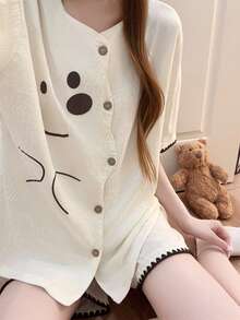 2pcs Women's Pajama Set, Cute Animal Print Sweetheart Collar Cardigan, Simple Short Sleeve Shorts, Easy Care Fabric - Champagne - View 6