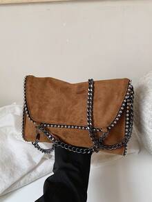 1pc New Fashion Flap Suede Bag, Rivet Chain Women's Shoulder Bag Crossbody Bag, Suitable For University, Commuting, Shopping, Street Shopping, Daily Use. - Brown - View 9