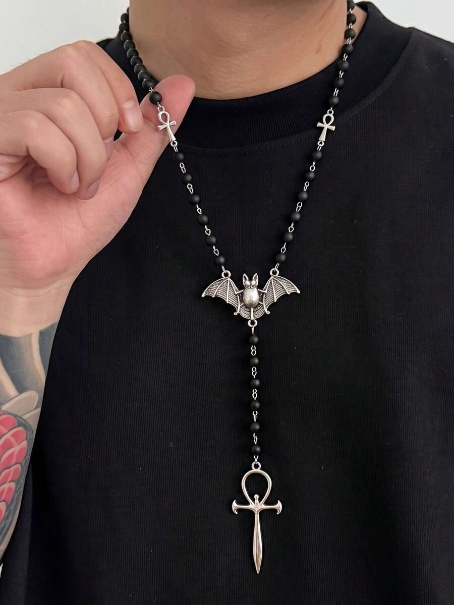 1pc Men's Pendant Necklace, Silver Metal Material, Beaded Bat Cross Pendant, Dark Gothic Style, Suitable For Parties, Halloween Accessories, Gift - Multicolor - View 1