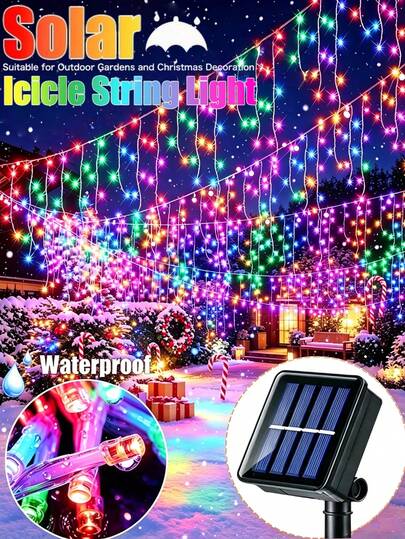 Outdoor Solar String Lights, 5.5M/9M Waterproof Icicle String Lights, 8 Flashing Modes, 97 Leds/160 Leds Christmas Lights, Solar Fairy Lights, Courtyard, Curtain, Winter, Camping, Outdoor, Christmas,Garden,Wedding,Stairs,Eaves,Autumn,Party Decoration