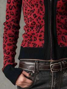 Women's Contrast Leopard Print Mock Neck Zip Long Sleeve Fall/Winter Fashion Versatile Knit Cardigan – Retro Street Sweater Coat - Red - View 4