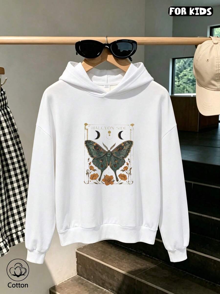 Girls Butterfly Print Hooded Sweatshirt With Moon Star Leaf Chest Design, Cotton Pullover - White - View 1