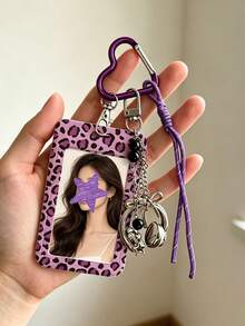 Leopard Print Card Holder Pendant With Star Pendant,Sliding Cover Retractable Card Sleeve,Personalized Fashion Card Holder,Cute Keychain Pendant - Multicolor - View 7