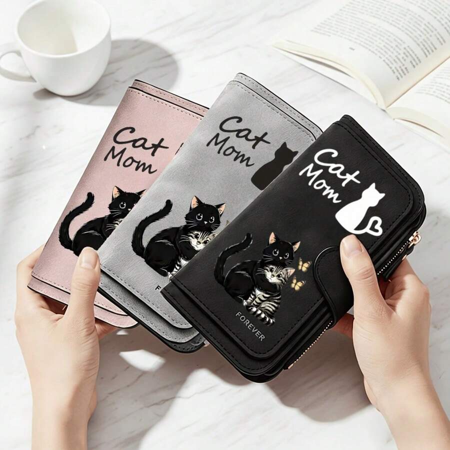 Women's Retro Cat Print Wallet And Coin Wallet, Suitable For Travel, Zipper Closure Wallet Gifts For Mothers, Partners, And Friends (Valentine's Day, - Multicolor - View 1