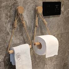 1/2pcs Rope Paper Towel Holder, Solid Wood Woven Towel Rack, Face Towel Storage Rack, No-Drill Creative Toilet Paper Holder, Elegant Practical Bathroom Toilet Paper Rack, Bathroom Accessories - Apricot - View 4